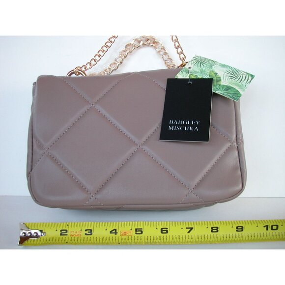 Badgley Mischka Vegan Leather Quilted Crossbody Bag With Gold Chain Strap - Taup - Picture 2 of 3